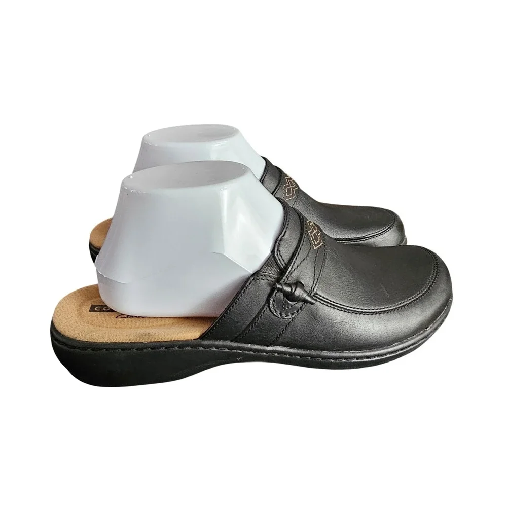 Clarks Womens Leisa Dream Black Leather Mules  Size 7.5